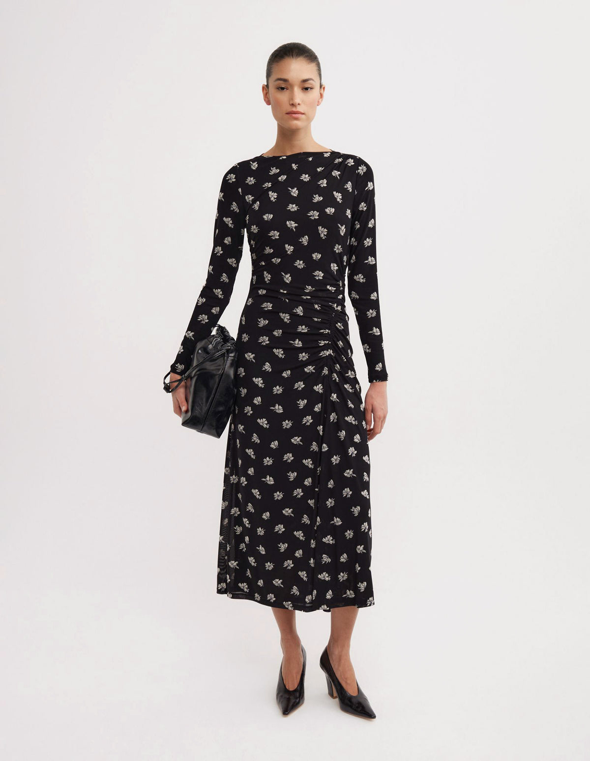 Long Sleeve Ruched Mesh Dress