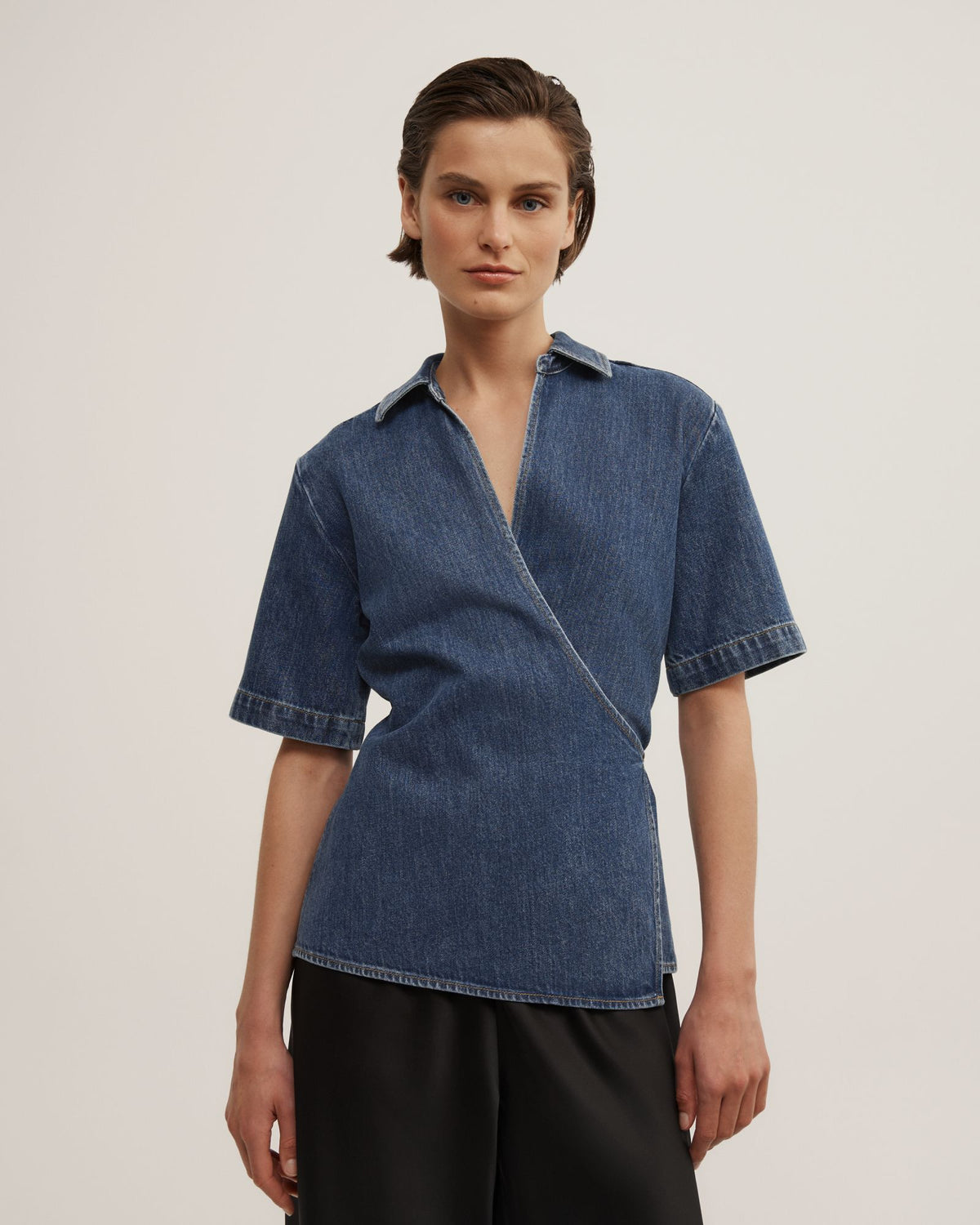 Wrap Denim Short Sleeve Shirt