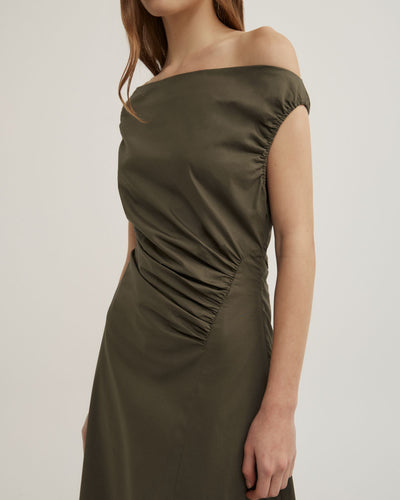 Off Shoulder Gather Midi Dress